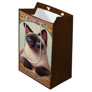 Realistic Cute Siamese Cat Colourful Floral Border Medium Gift Bag