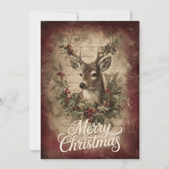Realistic Deer with Wreath & Rustic Red Holiday Card (Front)