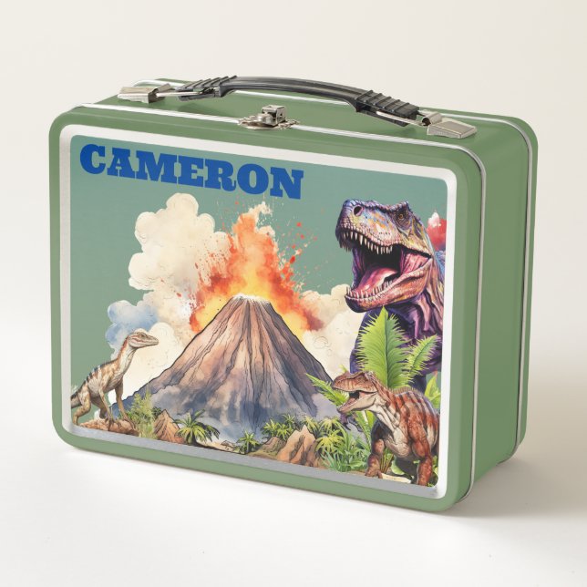 Realistic Dinosaurs and Volcano Custom Name Metal Lunch Box (Front)