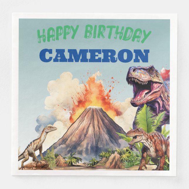 Realistic Dinosaurs and Volcano Custom Name Napkin (Front)