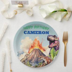 Realistic Dinosaurs and Volcano Custom Name Paper Plate