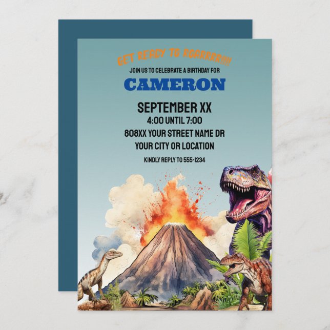 Realistic Dinosaurs and Volcano Invitation (Front/Back)