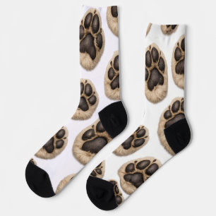 Realistic Dog Paw Print Pattern Black Background Socks