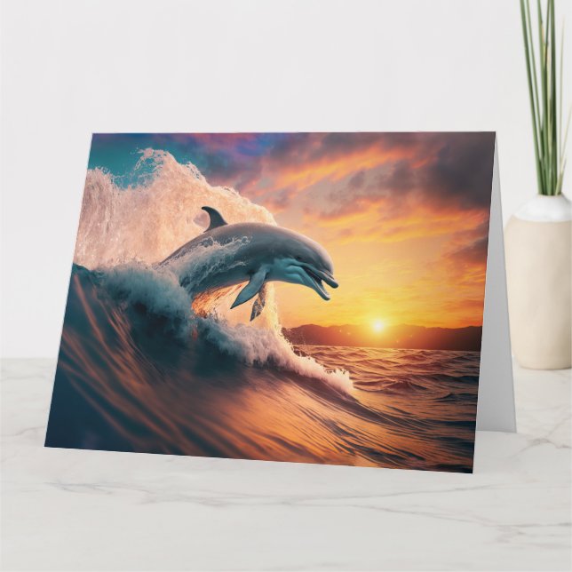 Realistic Dolphin Jumping Ocean Sunset Kids Adult  Thank You Card (Front)