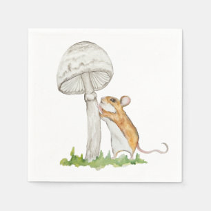 Realistic drawing of a funny field mouse and mushr napkin