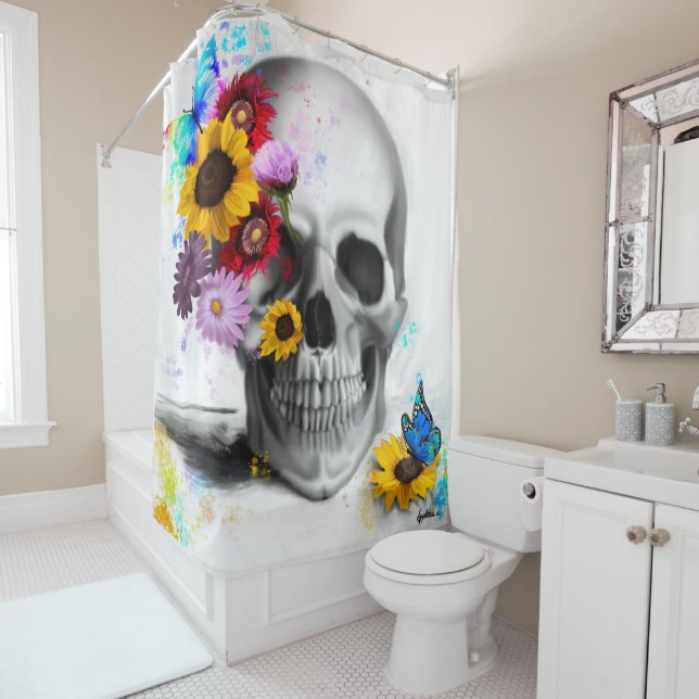 Realistic Floral butterfly skull Shower Curtain (In Situ)