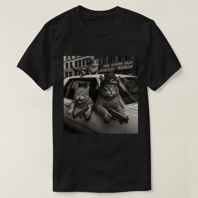 Realistic Gangsta Cat Urban Scene – Trendy Cats T-Shirt (Design Front)
