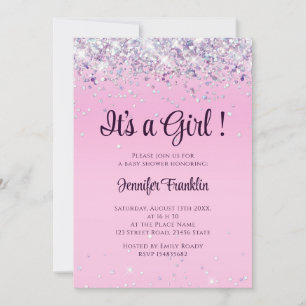 Realistic glitter pink ombre girl baby shower invitation