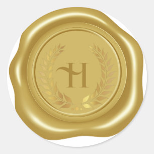Realistic gold wax medallion, laurel wreath Classic Round Sticker