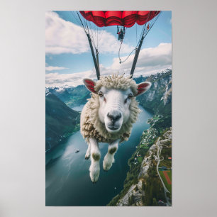 Realistic GoPro Picture of a Sheep Using a Parachu Poster
