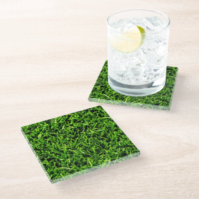   Realistic Grass Photo Texture Funny Bright Green Glass Coaster (Angled)