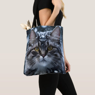 Realistic Grey Cat Winter Snowy Cat Art Gift Tote Bag