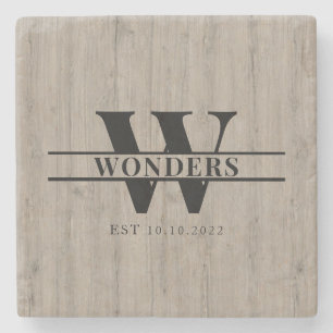 Realistic Grey Driftwood Grain Monogram Wedding Stone Coaster