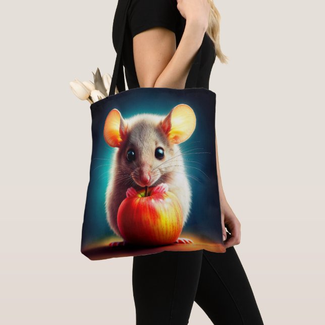 Realistic grey mouse artwork glowing colours tote bag (Close Up)