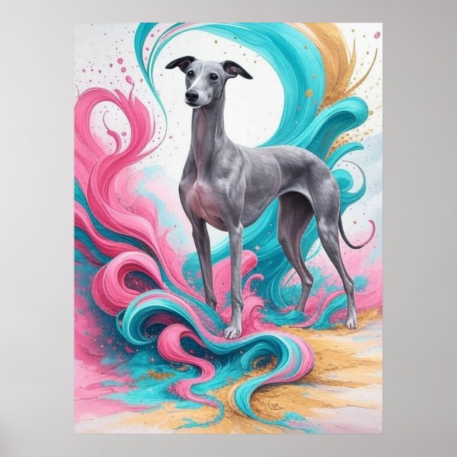 Realistic Greyhound with Neon Colour Background Poster (Front)