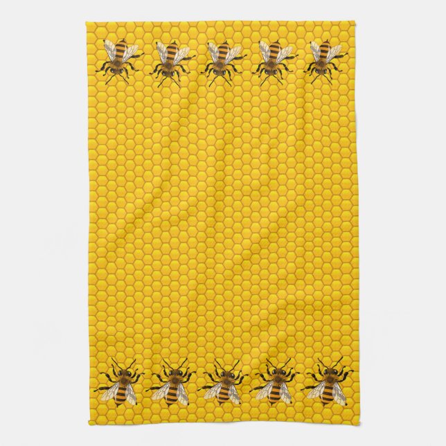 Realistic Honey Bees on Honeycomb Tea Towel (Vertical)