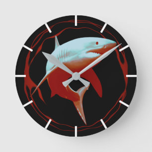 Realistic Illustration Great White Shark Round Clock
