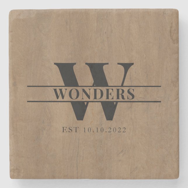 Realistic medium Wood Grain Monogram Wedding Stone Coaster (Front)