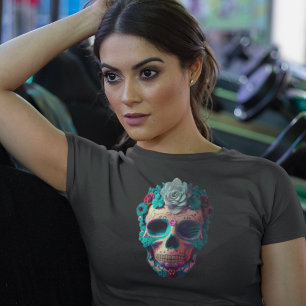 Realistic Mexican Day of the Dead Ladies Skull Art T-Shirt