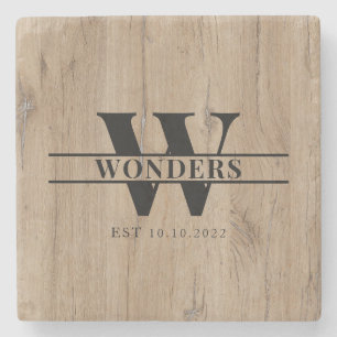 Realistic Natural Wood Grain Monogram Wedding Stone Coaster