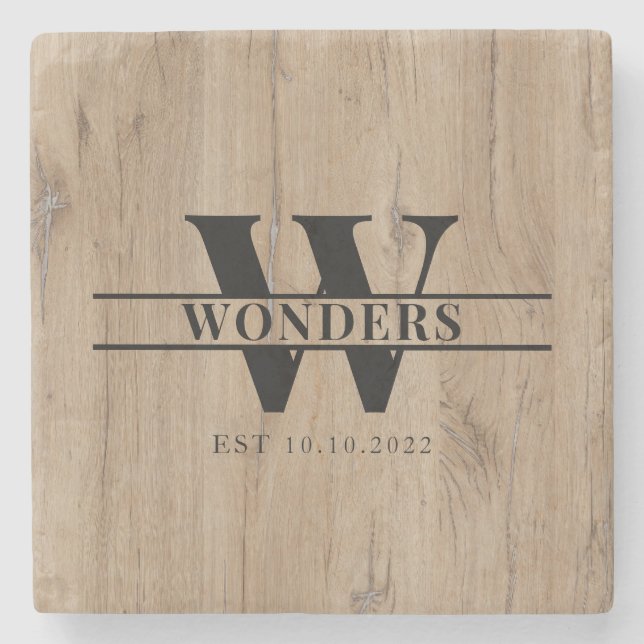 Realistic Natural Wood Grain Monogram Wedding Stone Coaster (Front)