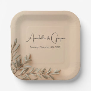 Realistic Olive Branches on Elegant Beige Wedding Paper Plate