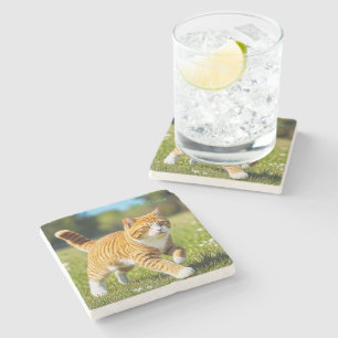 Realistic Orange Tabby Cat in Sunny Meadow Stone Coaster