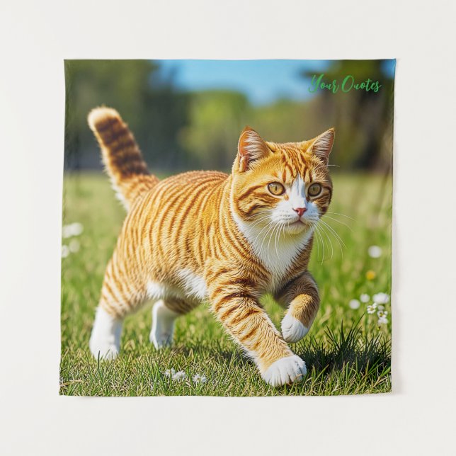Realistic Orange Tabby Cat in Sunny Meadow Tapestry (Front)