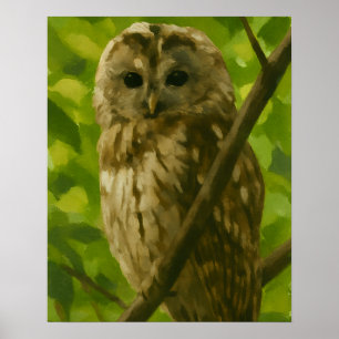 Realistic Owl Painting in Woodland Setting Poster