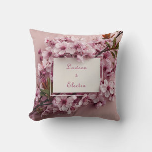 Realistic Pink Cherry Blossom Branch and Leaf Cushion