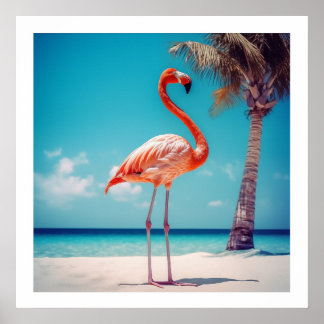   Realistic Pink Flamingo on Beach Poster