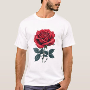 Realistic Red Rose with Dewdrops for Valentine’s D T-Shirt