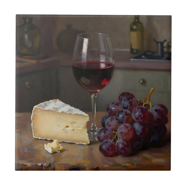Realistic Red Wine Cheese Grapes Still Life Ceramic Tile (Front)