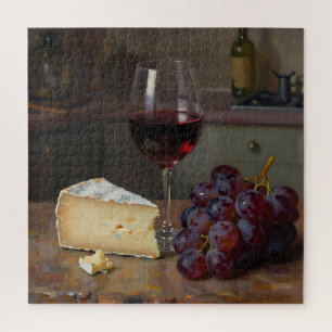 Realistic Red Wine Cheese Grapes Still Life Jigsaw Puzzle