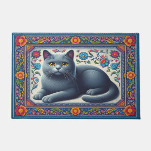 Realistic Russian blue Cat Colourful Floral Border Doormat