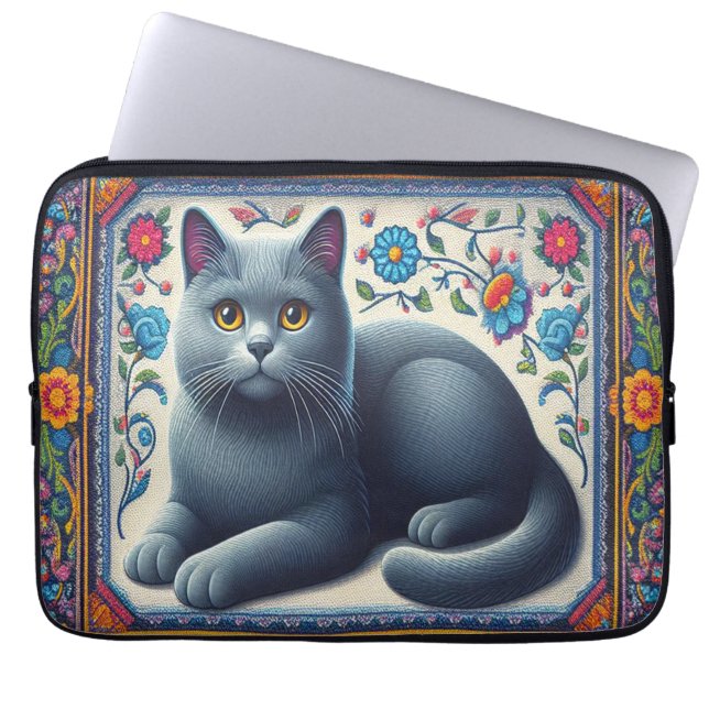 Realistic Russian blue Cat Colourful Floral Border Laptop Sleeve (Front)