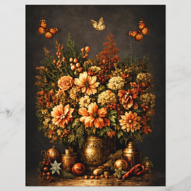 Realistic Rustic Christmas Florals Scrapbook Paper (Front)