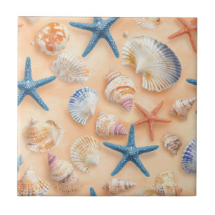 Realistic Seashell Starfish Peach Sand Beach Ceramic Tile