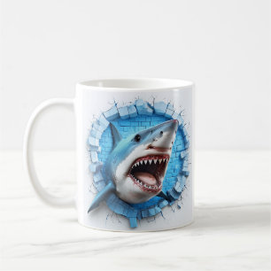 Realistic Shark Head Breaking Through A Blue Brick Coffee Mug