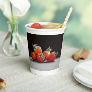 Realistic Strawberries Still Life Oil Painting Paper Cups