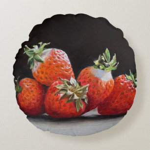 Realistic Strawberries Still Life Oil Painting Round Cushion