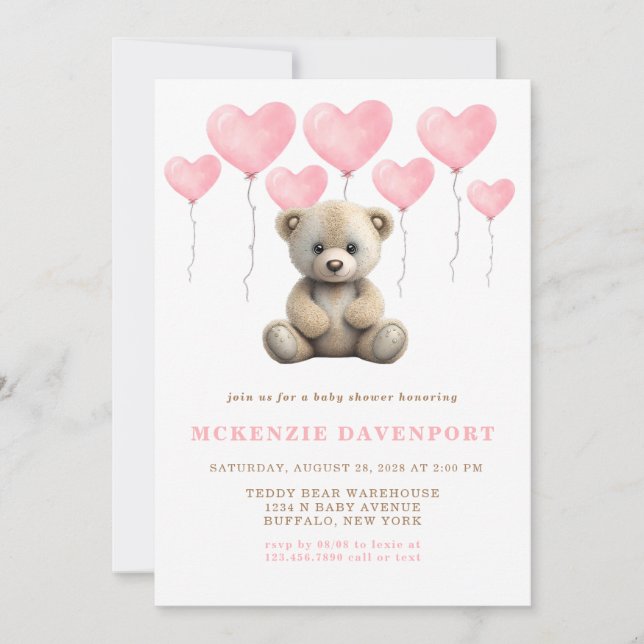 Realistic Teddy Bear Pink Balloon Girl Baby Shower Invitation (Front)