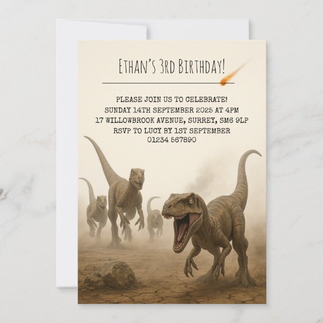 Realistic Velociraptor Pack with Meteor Birthday Invitation (Front)