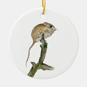Realistic watercolor mouse in a tree ceramic ornament