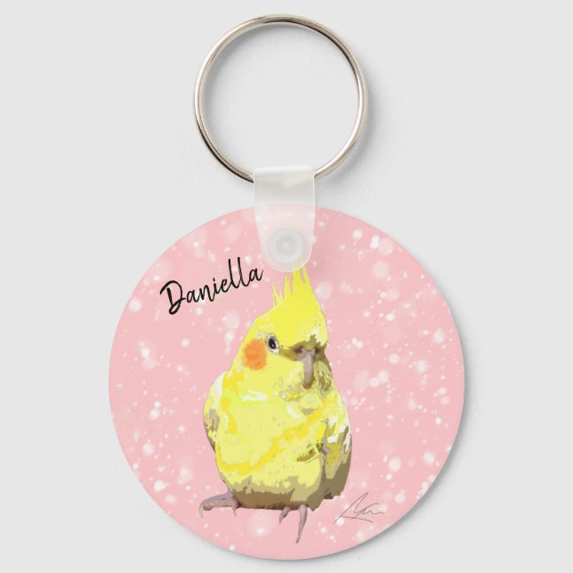Realistic Yellow Cockatiel Painting Pink Flurries Key Ring (Front)