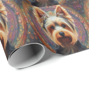 Realistic Yorkshire Terrier Dog Colourful Border Wrapping Paper