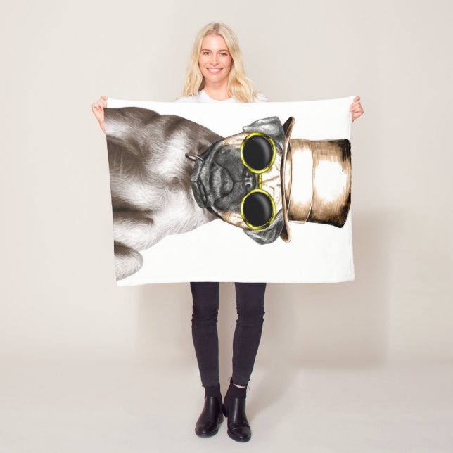 Really Cute Steam Pug With Glasses Fleece Blanket (In Situ)