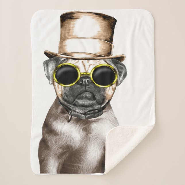 Really Cute Steam Pug With Glasses Sherpa Blanket (Front)