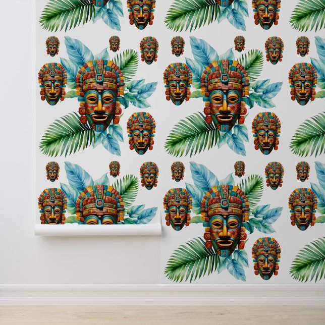 Realm of Foliage Tribal Mayan Mask Pattern Wallpaper (Application)