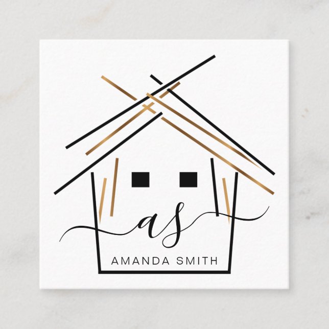 Realtor branding with house in gold  square business card (Front)